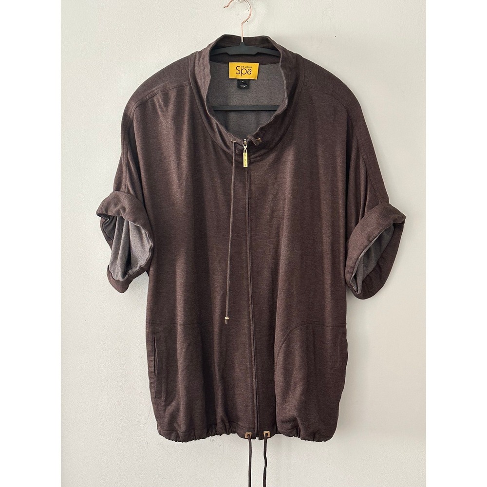St John Spa Womens XL Brown Zip Up‎ Mock Neck Short Sleeve Jacket Viscose Blend